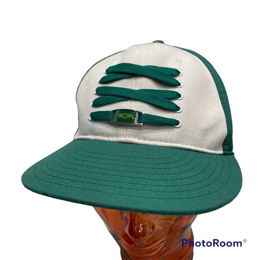 Lacer Headwear Fitted 7 3/8 Hat Green And White Cap W Laces EUC
